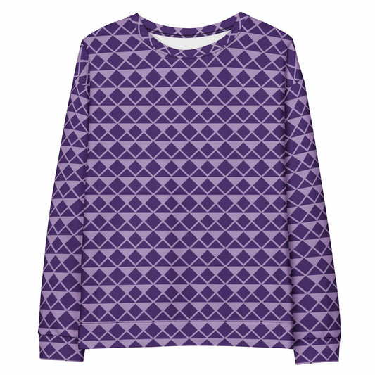 Purple unisex sweatshirt with geometric diamond grid pattern, crew neck and long sleeves
