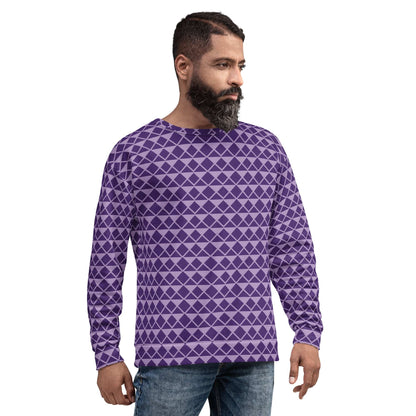 Purple unisex sweatshirt with geometric diamond pattern, crew neck and long sleeves
