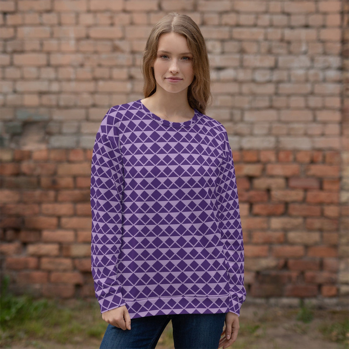 Purple unisex sweatshirt with repeating diamond geometric pattern, crew neck and long sleeves