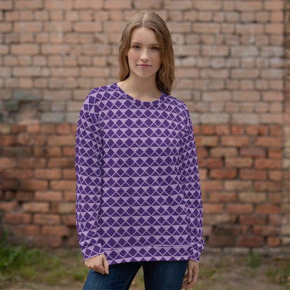 Purple unisex sweatshirt with repeating diamond geometric pattern, crew neck and long sleeves