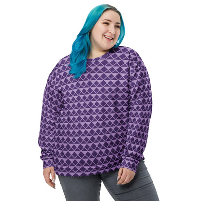 Purple unisex sweatshirt with repeating diamond geometric pattern, crew neck and long sleeves