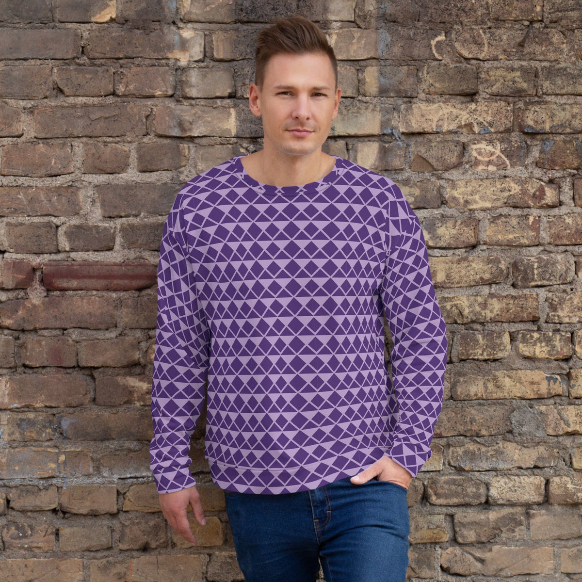 Purple unisex sweatshirt with geometric diamond pattern, crew neck and long sleeves