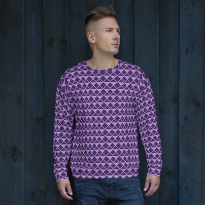 Purple unisex sweatshirt with geometric diamond pattern, crew neck and long sleeves