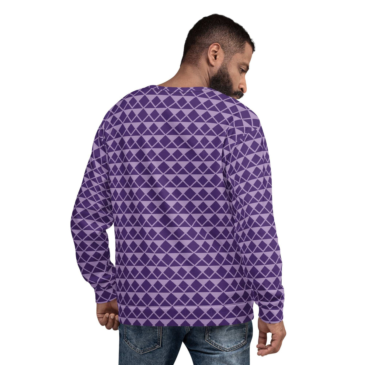 Purple unisex sweatshirt back view with geometric diamond pattern, long sleeves