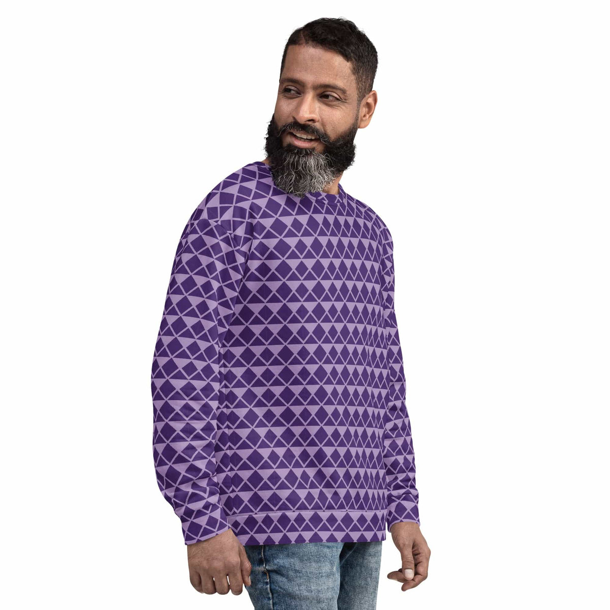 Purple unisex sweatshirt side view with geometric diamond pattern, crew neck