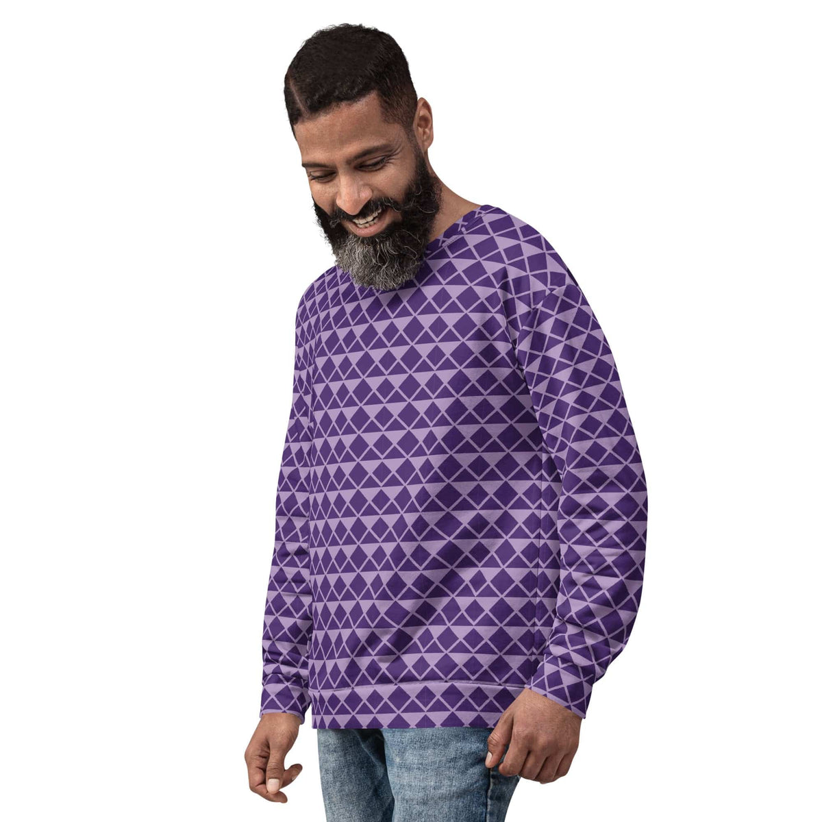 Joker unisex sweatshirt, purple with geometric diamond pattern, crew neck, long sleeves