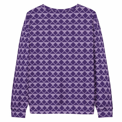 Joker unisex sweatshirt front, purple geometric diamond pattern, crew neck, long sleeves