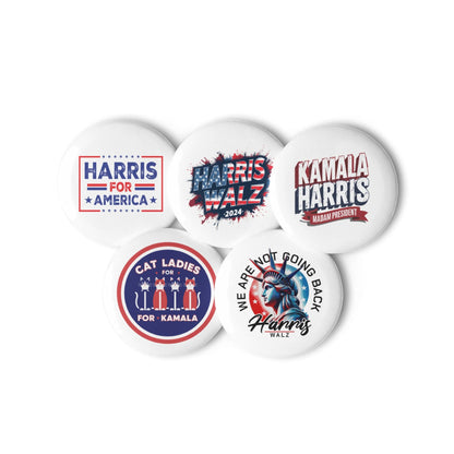 Round political pin buttons set of five with Harris and campaign slogan designs