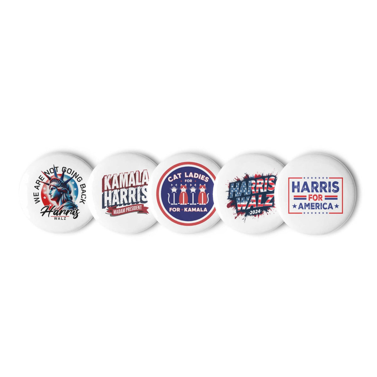 Row of five round pin buttons with campaign slogans and cat-themed artwork