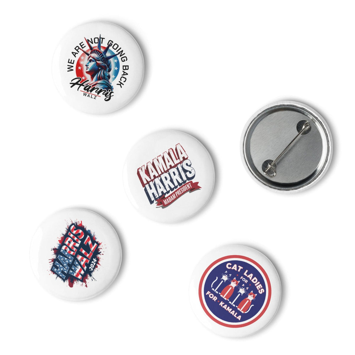 Set of five round pin buttons, with one metal back and several front designs