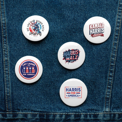 Set of 5 round Kamala Harris political button pins on denim, each with unique slogan