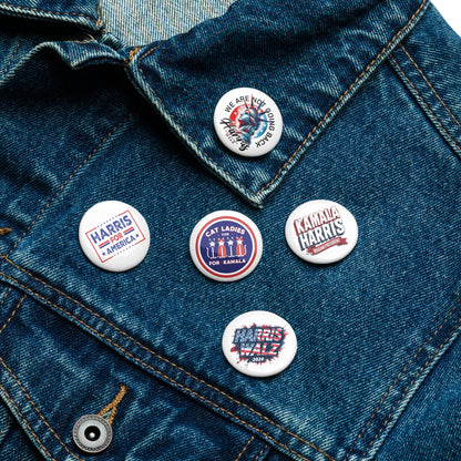 Set of 5 round Kamala Harris political button pins on denim, showing Harris for America and Cat Ladies