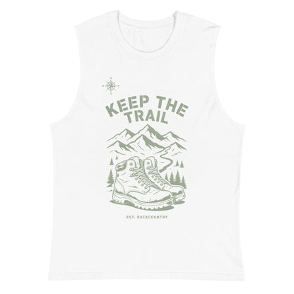 White unisex hiking tank with Keep the Trail mountain and dinosaur front graphic