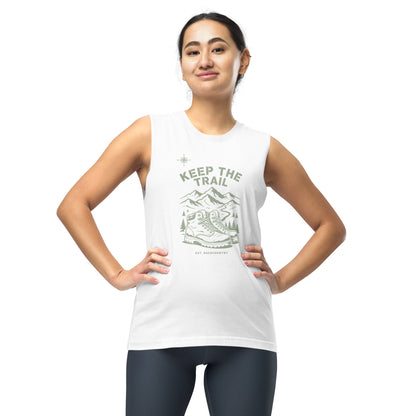 White unisex hiking muscle tank with “Keep the Trail” front graphic, sleeveless fit