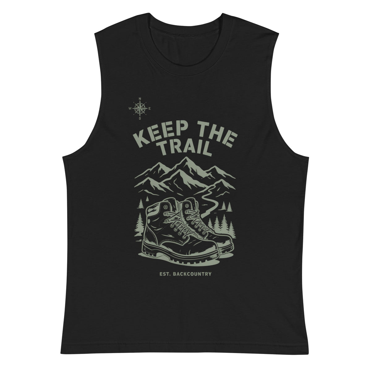 Black unisex hiking muscle tank with Keep the Trail mountain dinosaur front graphic