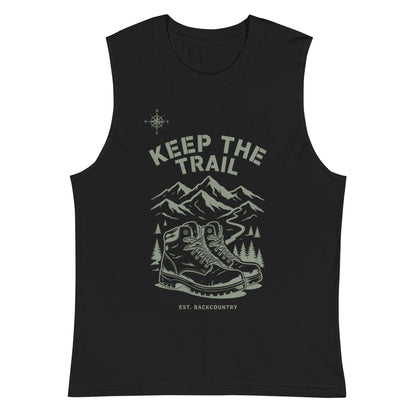 Black unisex hiking muscle tank with Keep the Trail mountain dinosaur front graphic