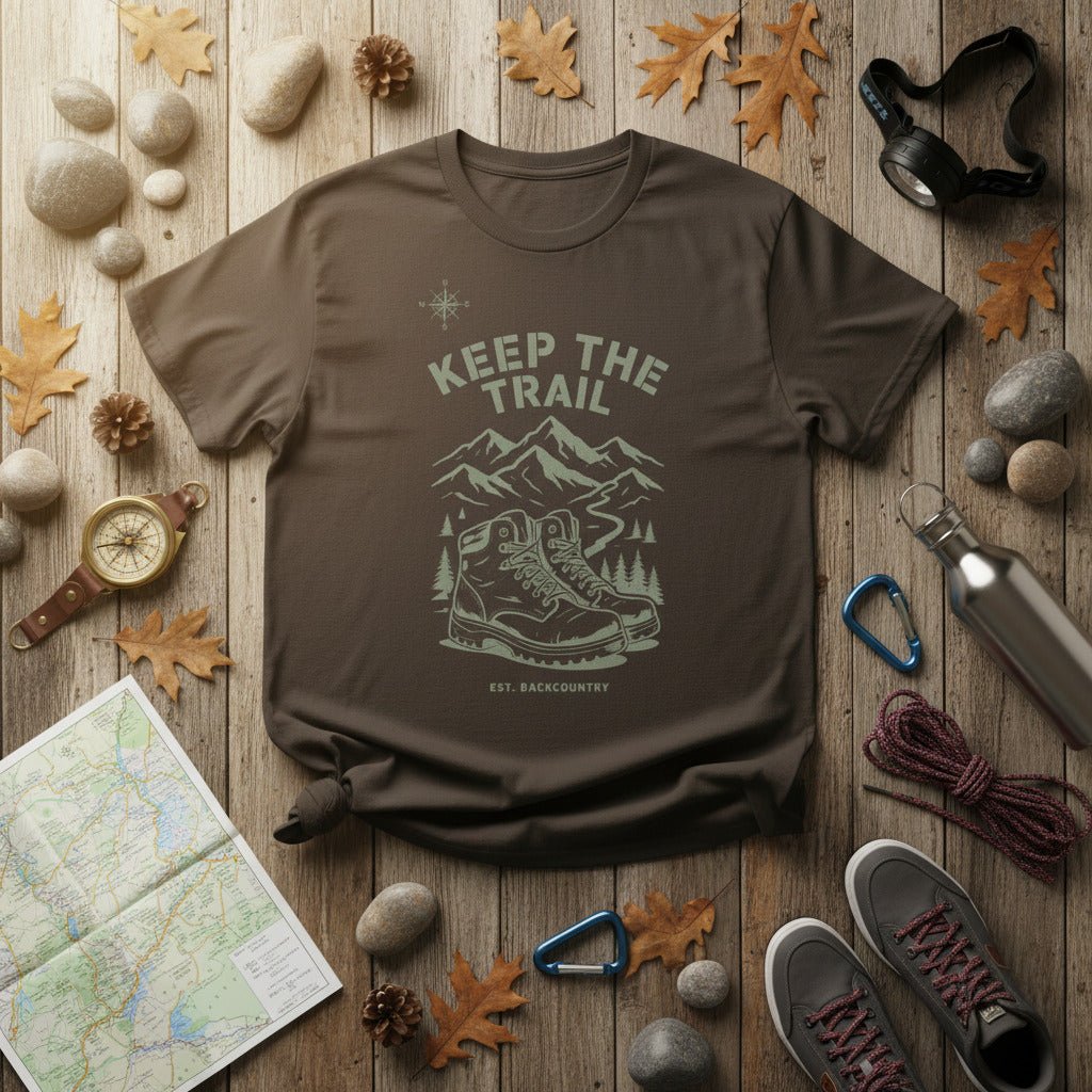 Natural beige hiking T-shirt with front trail mountain and boot graphic