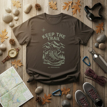 Natural beige hiking T-shirt with front trail mountain and boot graphic