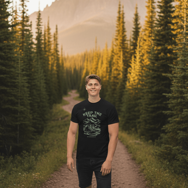 Black hiking T-shirt with front trail graphic