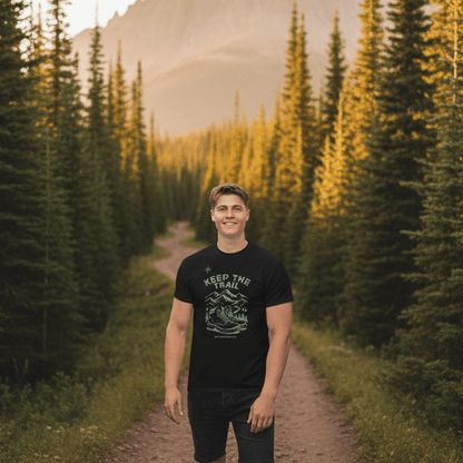 Black hiking T-shirt with front trail graphic