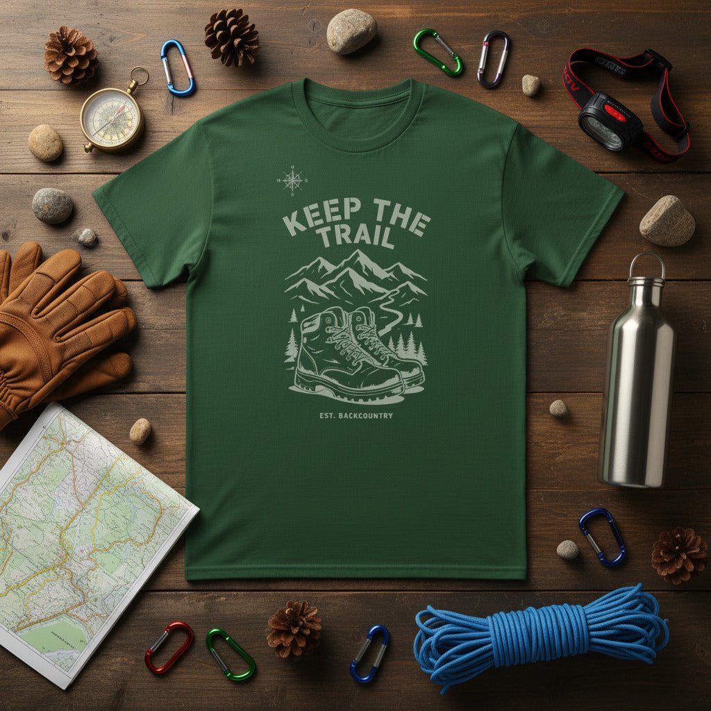 Forest green hiking T-shirt with front trail mountain and boot graphic
