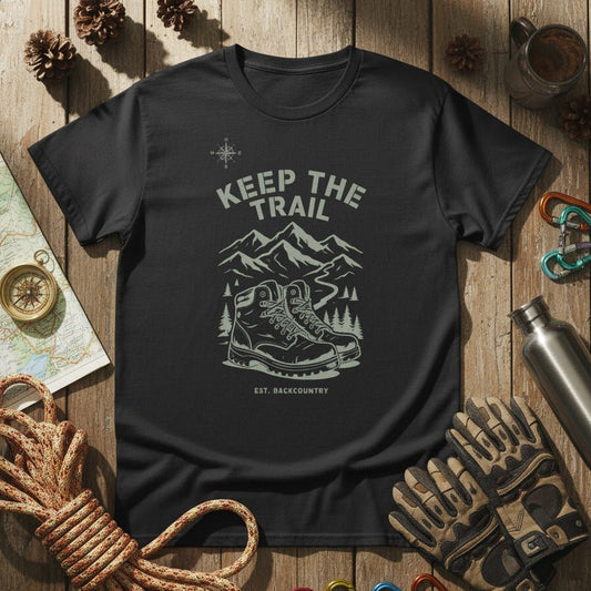 Black hiking T-shirt with front trail mountain and boot graphic