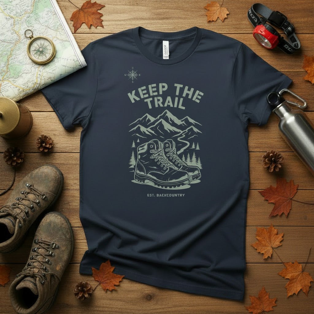 Navy hiking T-shirt with front trail mountain and boot graphic