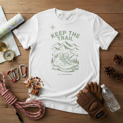 White hiking T-shirt with “Keep The Trail” mountain graphic on front