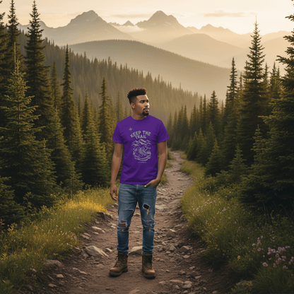 Purple hiking T-shirt with front trail logo graphic