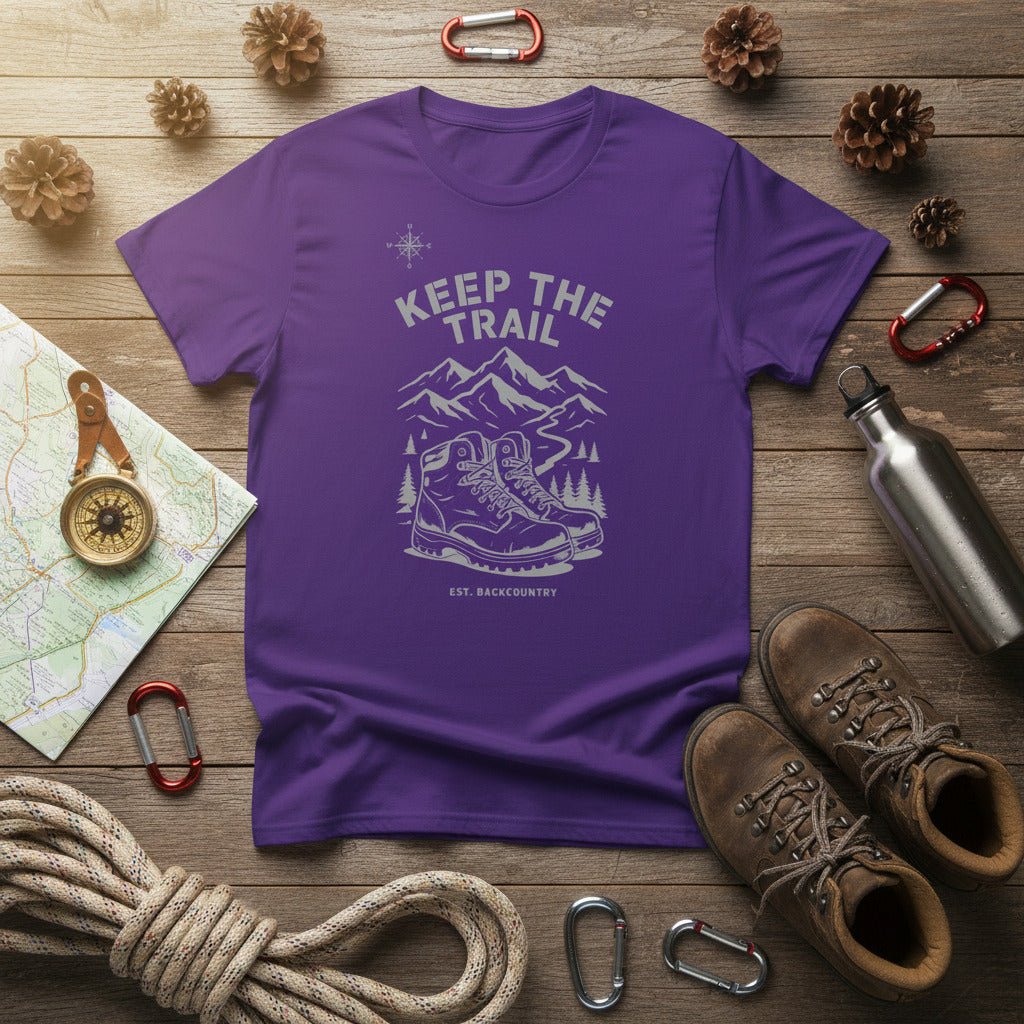 Purple hiking T-shirt with front trail logo graphic