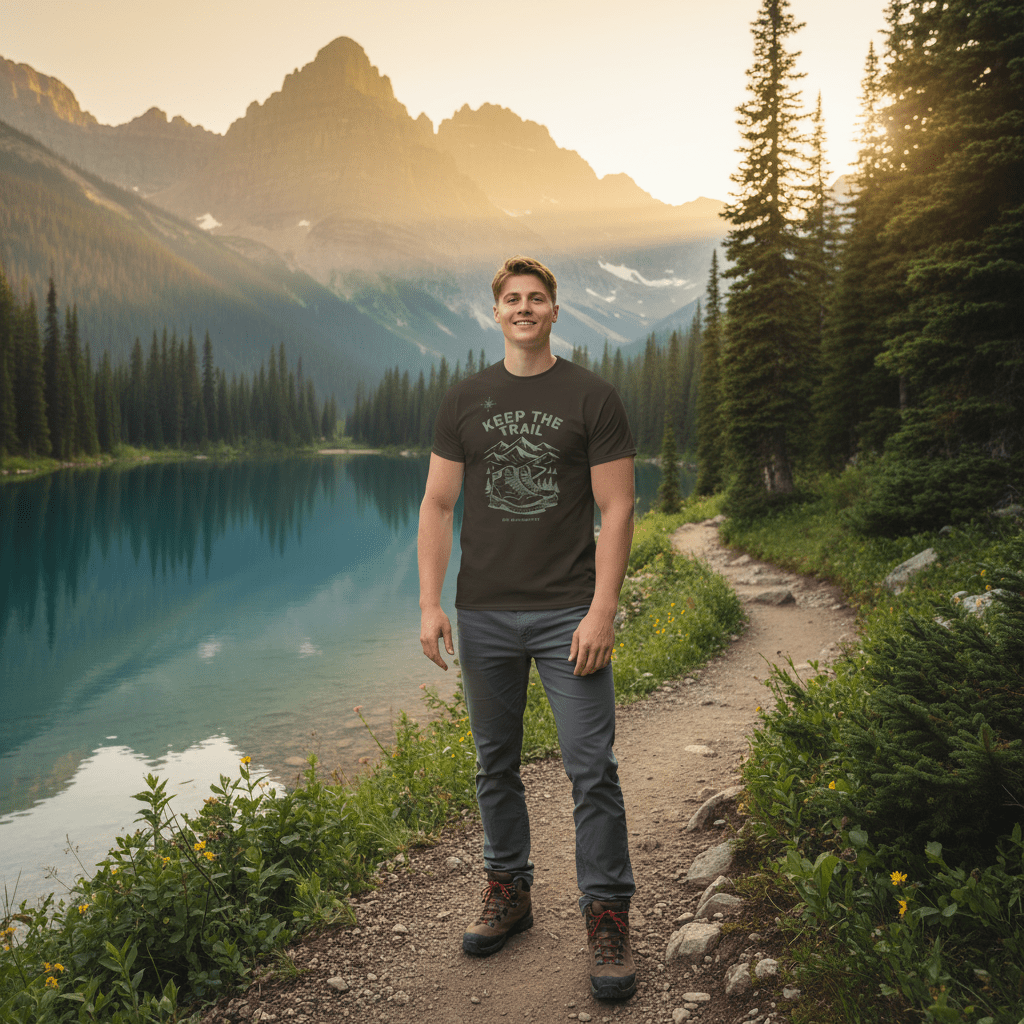 Dark hiking T-shirt with “Keep The Trail” mountain graphic on front