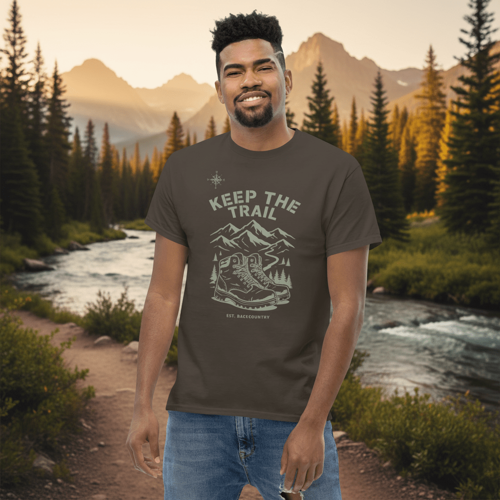 Dark brown hiking T-shirt with “Keep The Trail” mountain graphic on front
