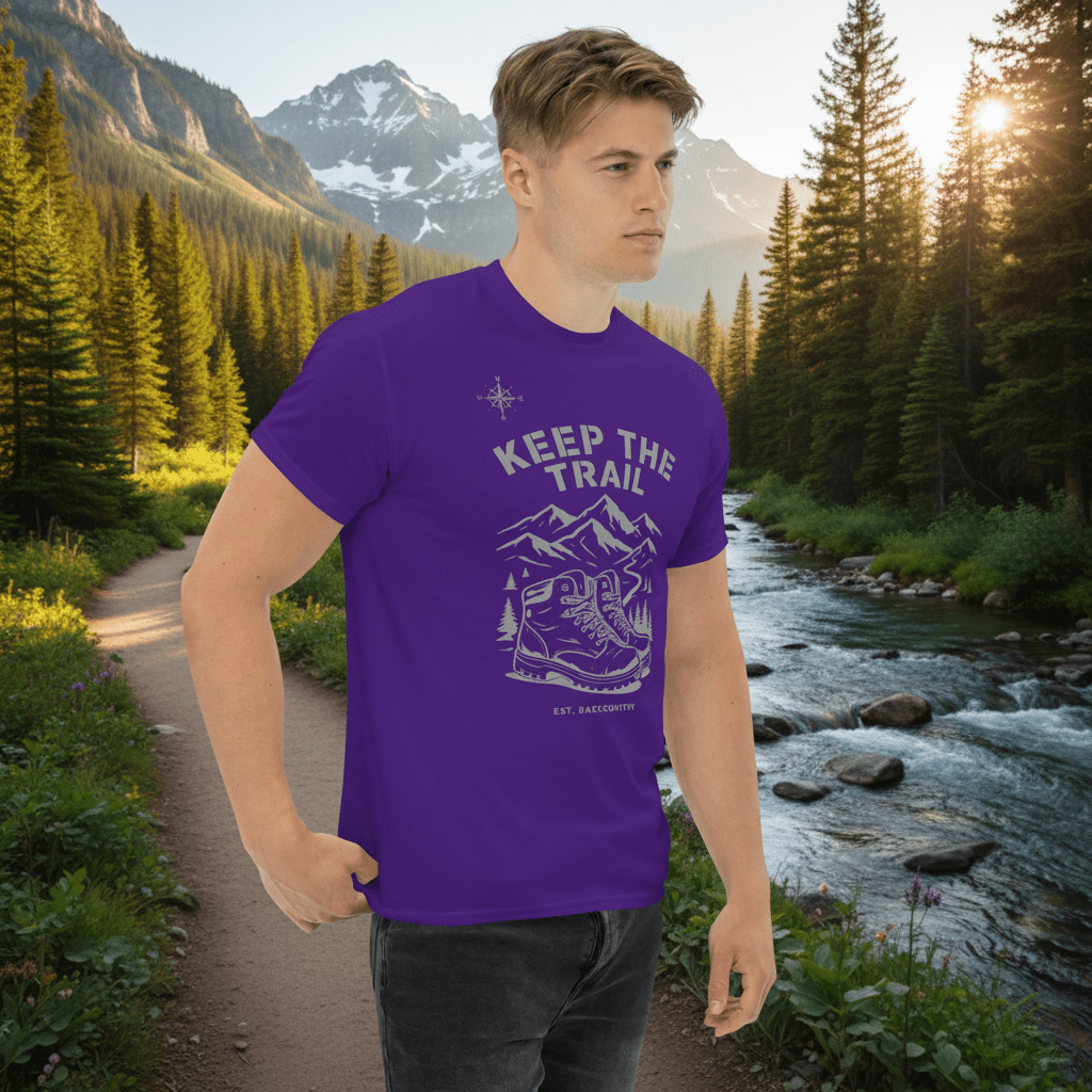 Purple hiking T-shirt with front trail graphic and text