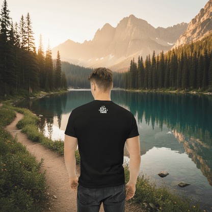 Black hiking T-shirt with small back “Keep The Trail” graphic