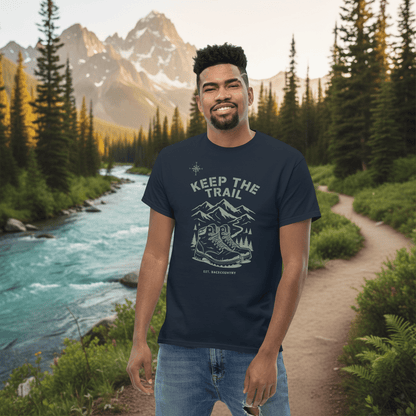 Navy hiking T-shirt with “Keep The Trail” mountain graphic on front
