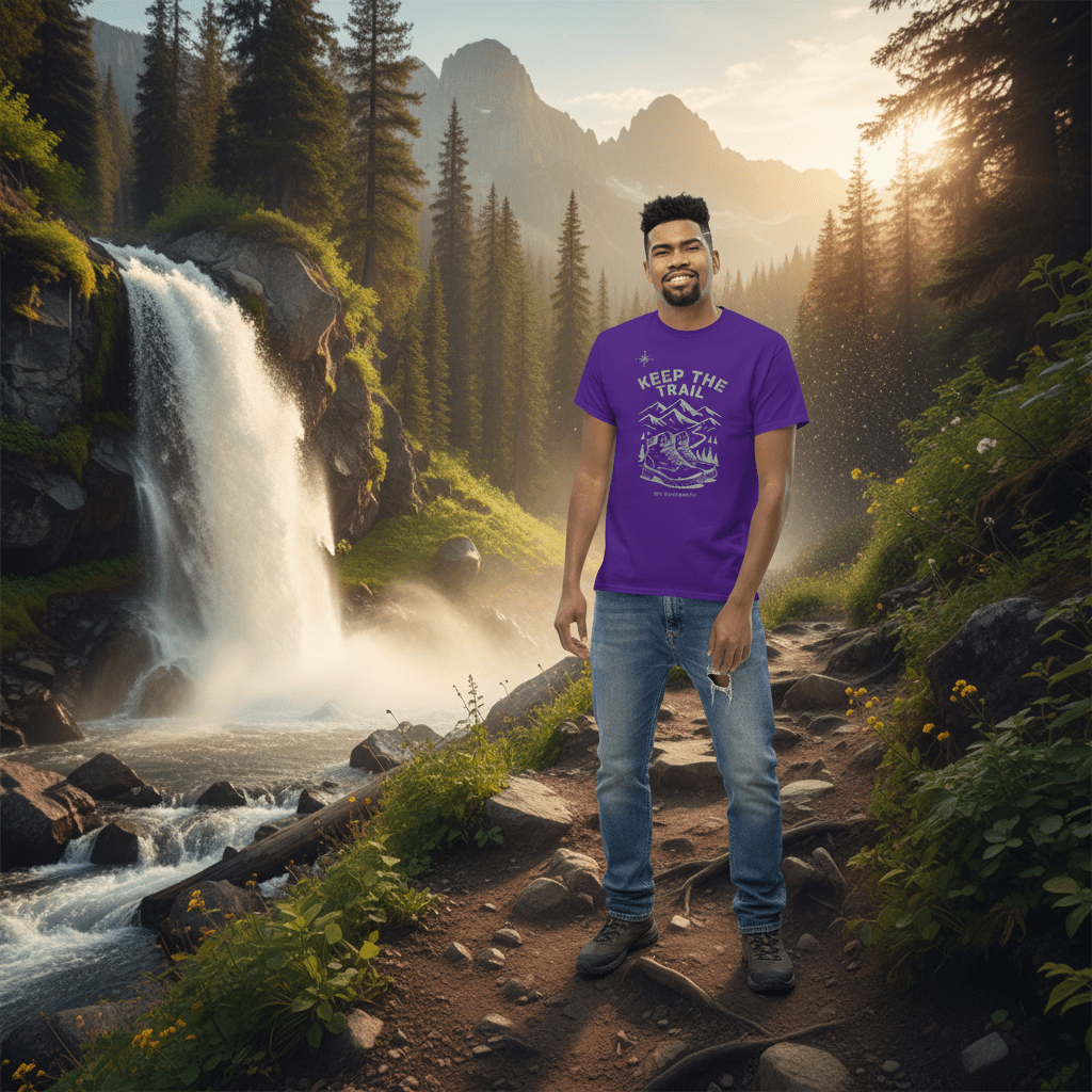Purple hiking T-shirt with “Keep The Trail” mountain graphic on front
