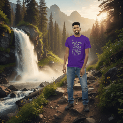 Purple hiking T-shirt with “Keep The Trail” mountain graphic on front