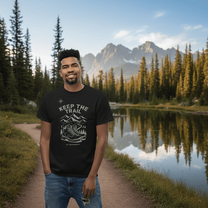 Black hiking T-shirt with “Keep The Trail” mountain graphic on front