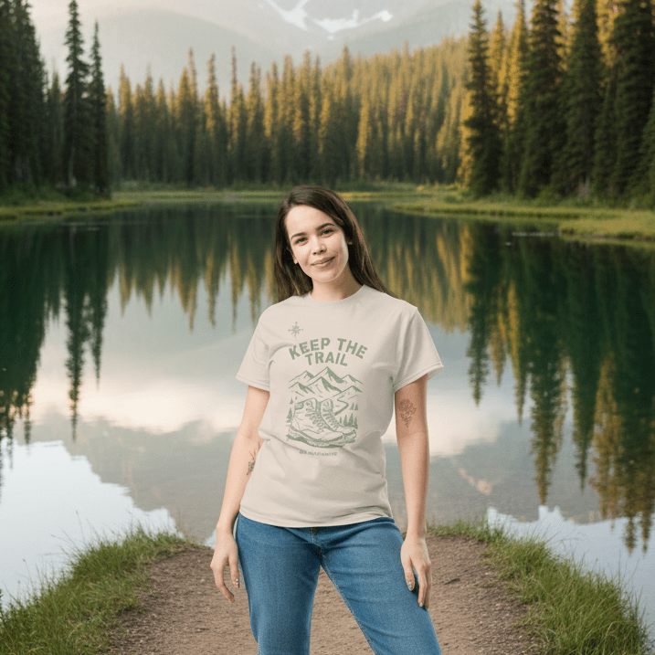 Natural/cream hiking T-shirt with “Keep The Trail” mountain graphic on front