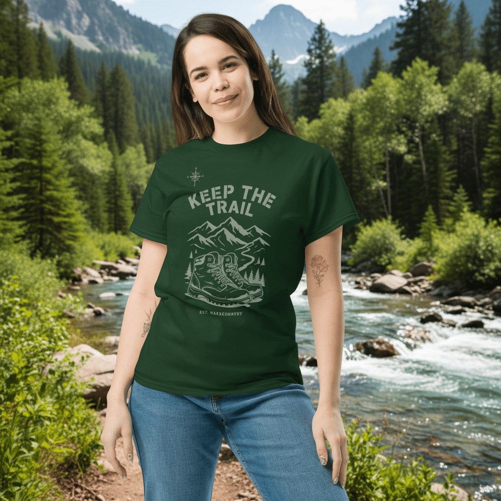 Forest green hiking T-shirt with “Keep The Trail” mountain graphic on front