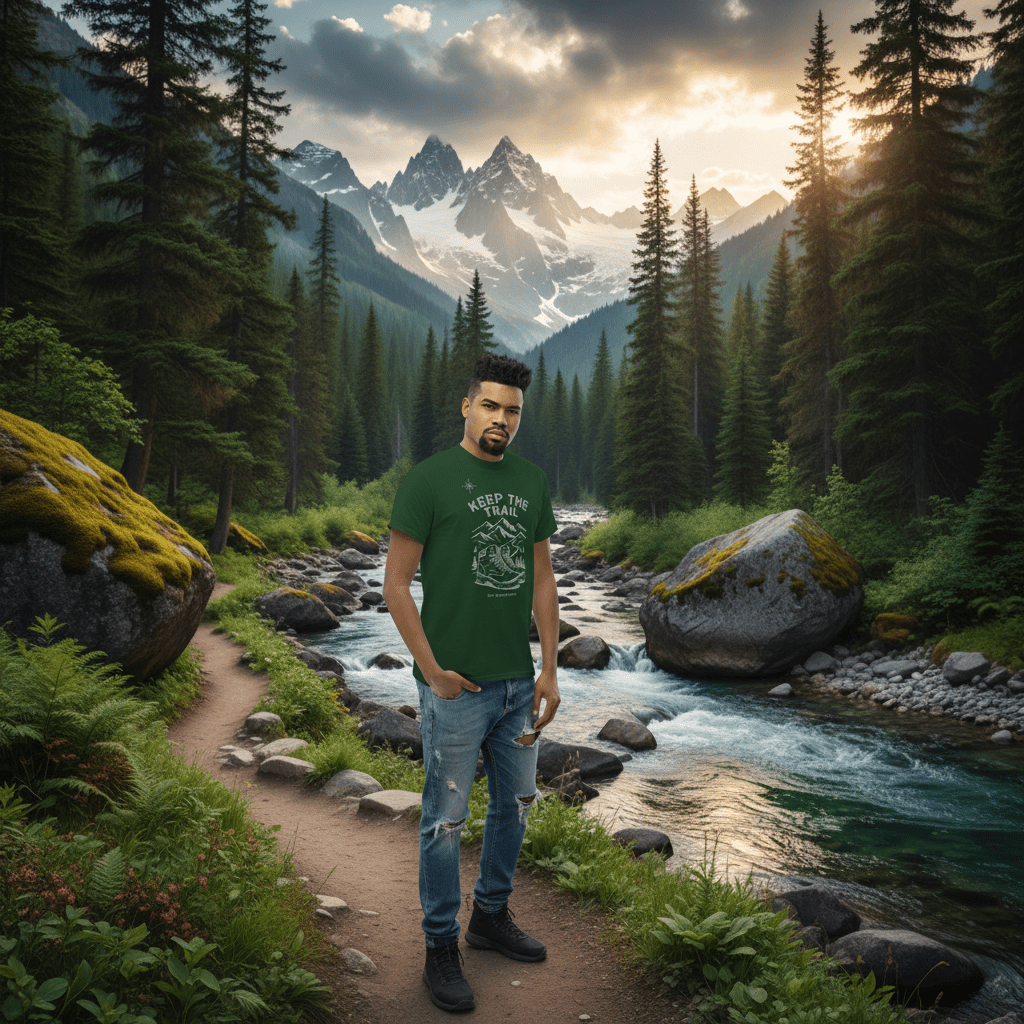 Forest green hiking T-shirt with “Keep The Trail” mountain graphic on front