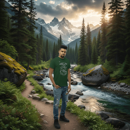 Forest green hiking T-shirt with “Keep The Trail” mountain graphic on front