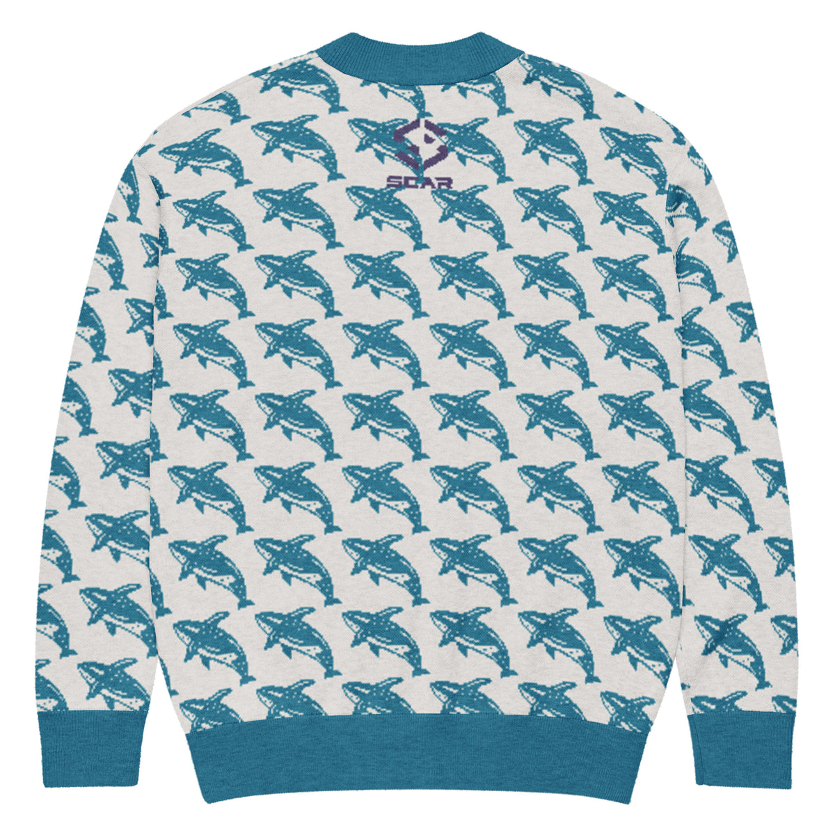 Knitted cardigan with blue whale print and ribbed hem in solid blue