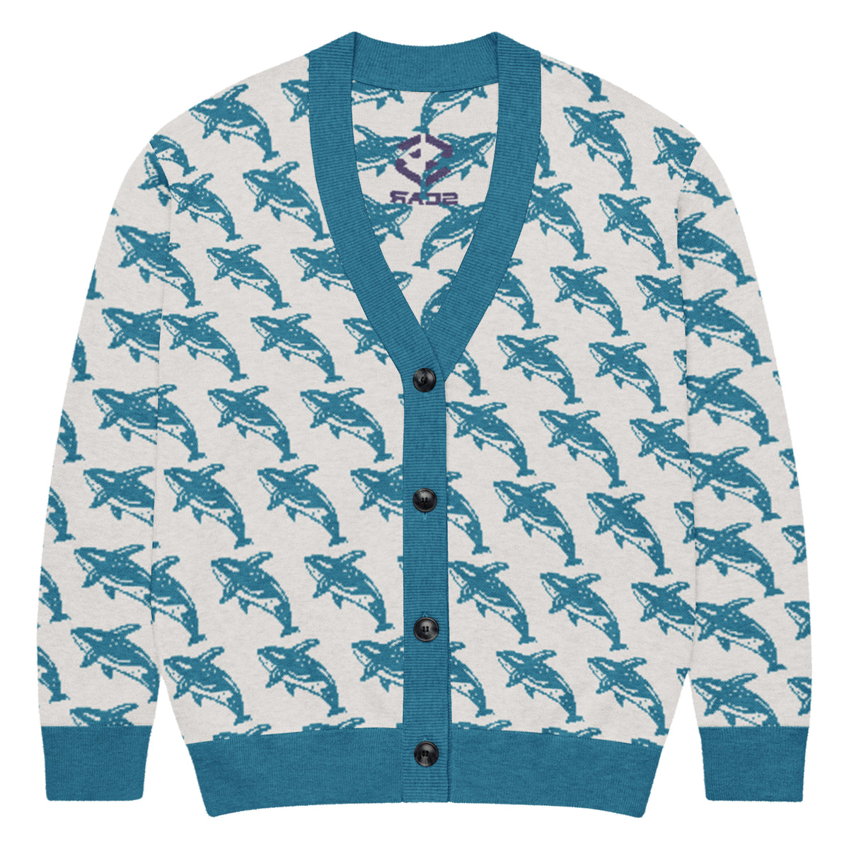 Knitted cardigan with blue whale print, V-neck opening, and dark front buttons