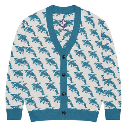 Knitted cardigan with blue whale print, V-neck opening, and dark front buttons