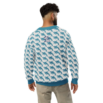 Knitted cardigan back with blue whale print and ribbed waistband and cuffs