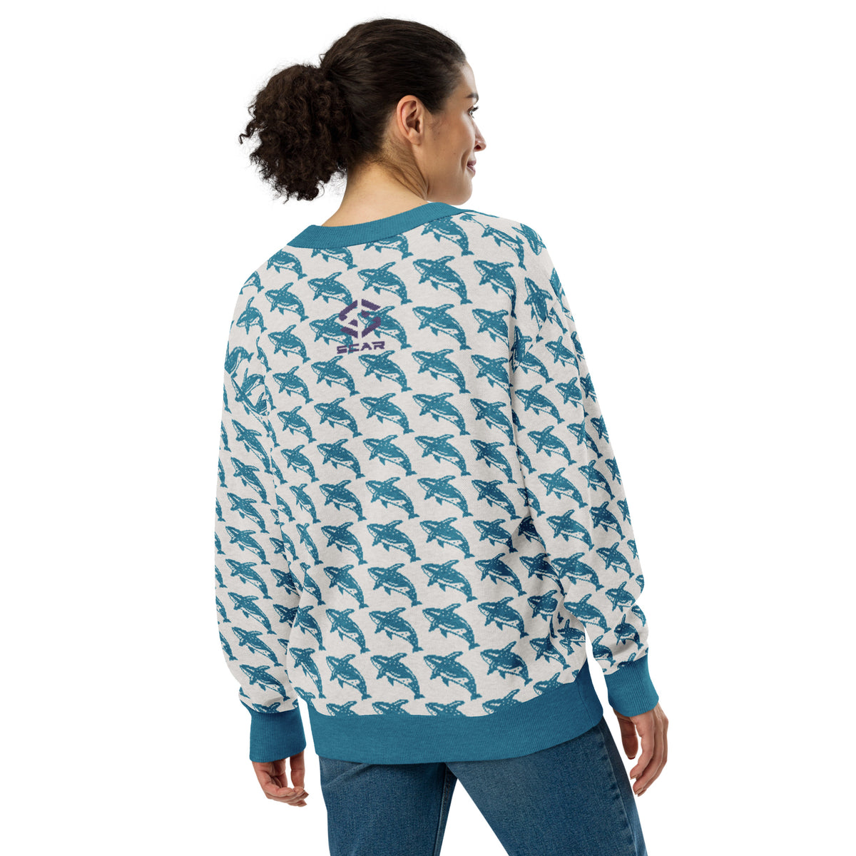 Knitted cardigan back with blue whale print, ribbed cuffs and hem, solid blue band