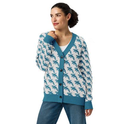 Knitted cardigan with blue whale print, V-neck, front buttons, ribbed cuffs and hem