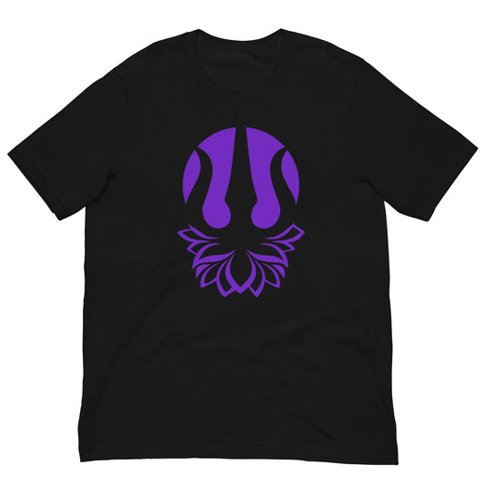 Black yoga t-shirt with purple trident lotus graphic on chest