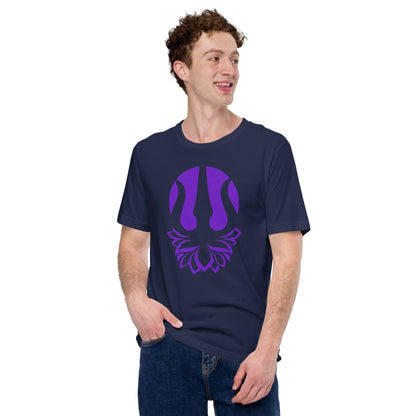 Navy yoga t-shirt with purple trident lotus graphic on chest